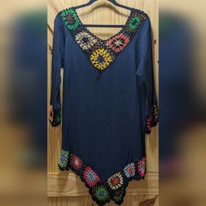 Crochet Granny Square Trimmed Tunic Top, Blue, M/L